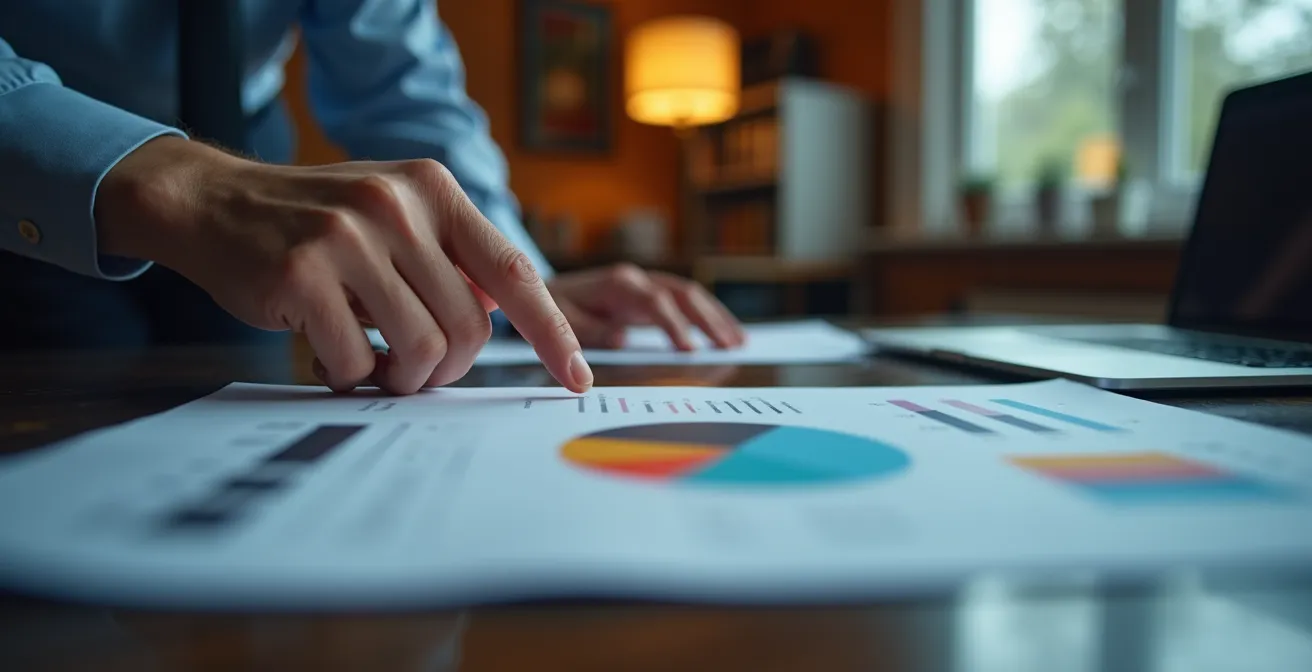 Mains analysant des graphiques de risque sur table de travail