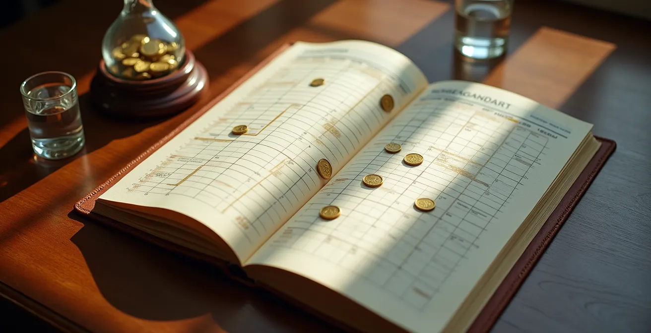 Calendrier élégant avec pièces dorées disposées stratégiquement sur certaines dates, symbolisant la planification des versements