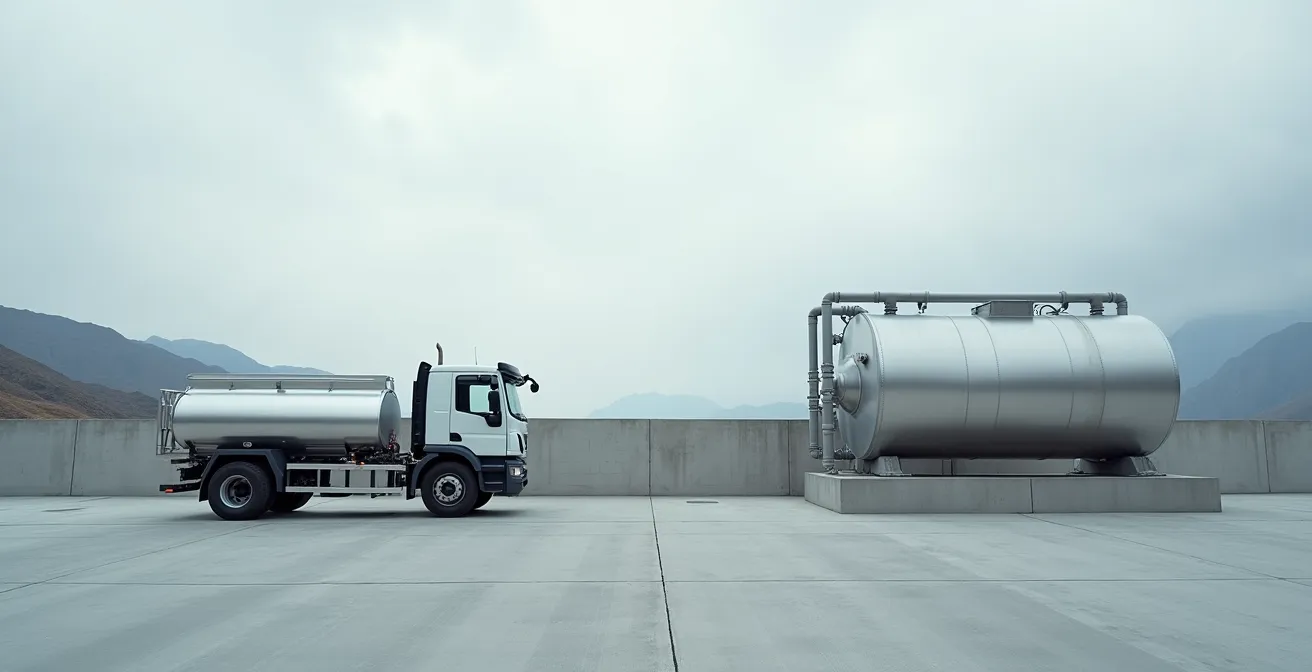 Cuve mobile de ravitaillement sur plateau camion face à installation fixe