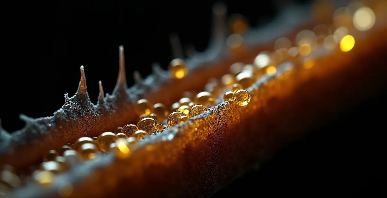 Coupe transversale de cheveu montrant la pénétration d'huiles végétales