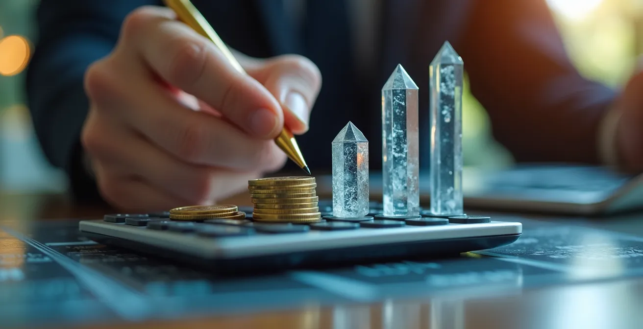 Main tenant un stylo doré au-dessus d'une calculatrice moderne avec graphiques de croissance en arrière-plan