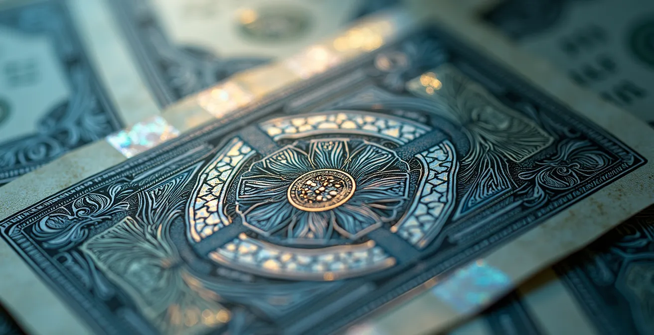 Vue macro d'une texture de papier monnaie avec détails de sécurité abstraits, symbolisant la préservation du capital