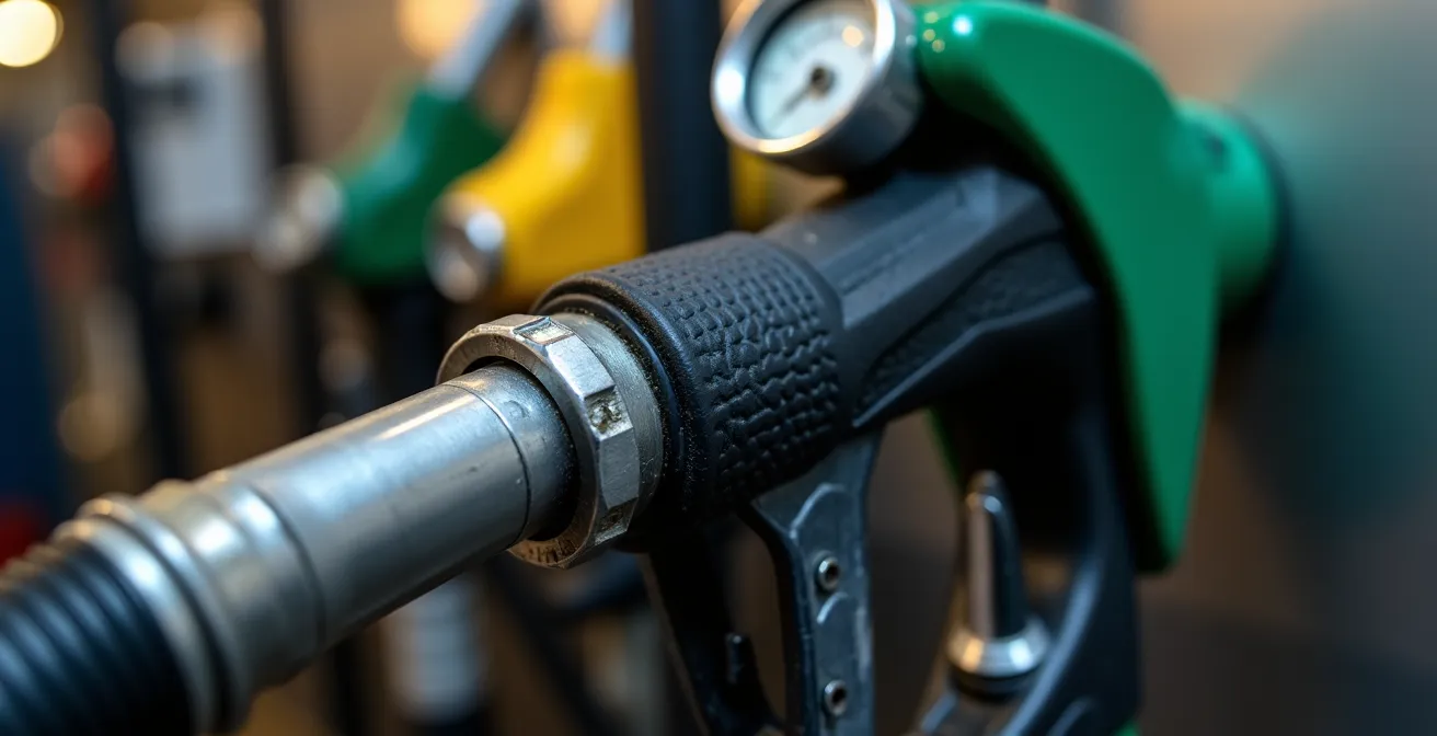 Gros plan sur système de distribution avec pistolet et compteur électronique