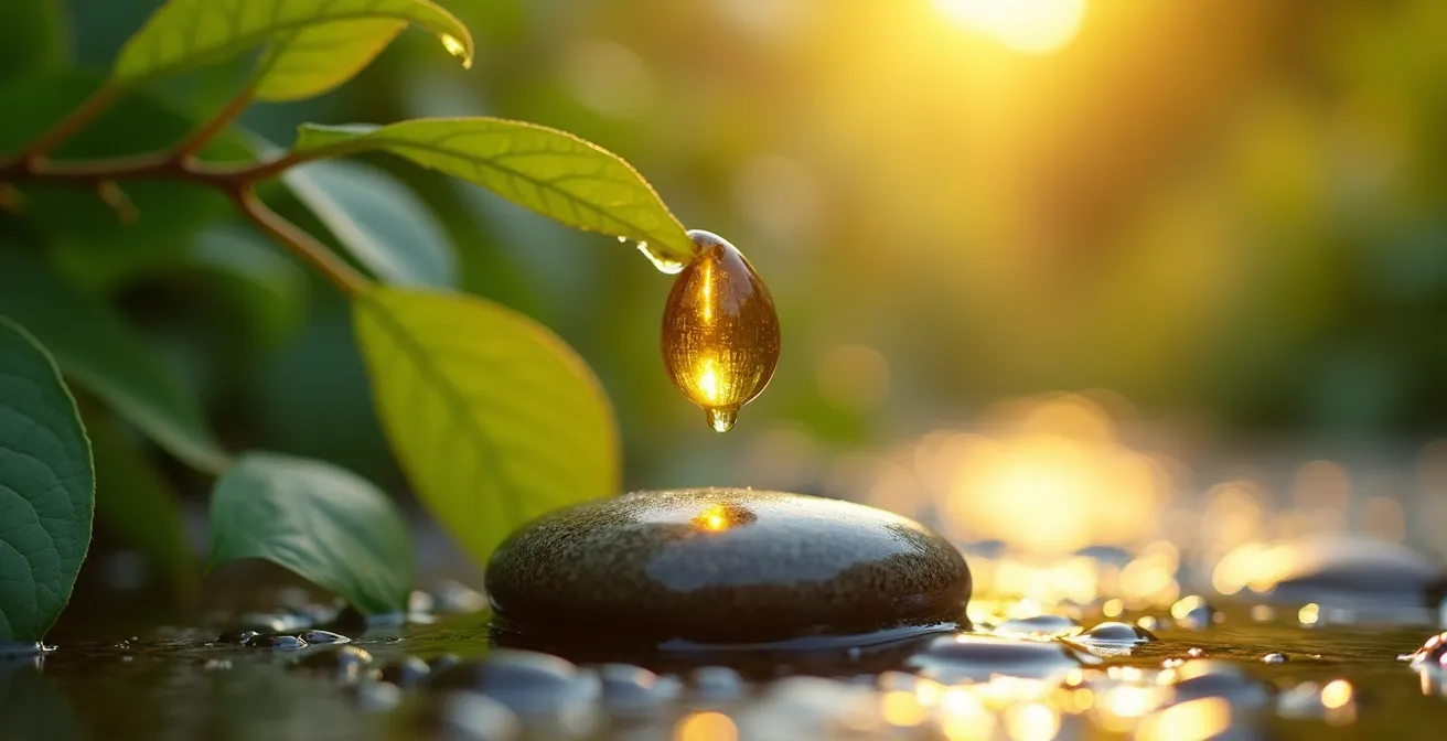 Goutte d'huile végétale dorée sur surface naturelle