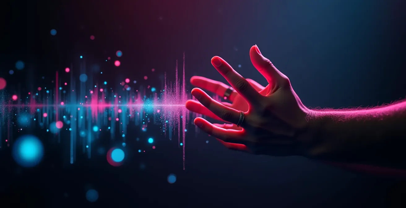 Mains manipulant des ondes sonores avec visualisation colorée