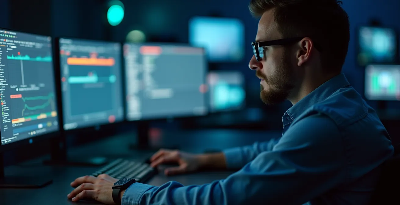 Opérateur analysant des écrans de surveillance dans un centre de télésurveillance