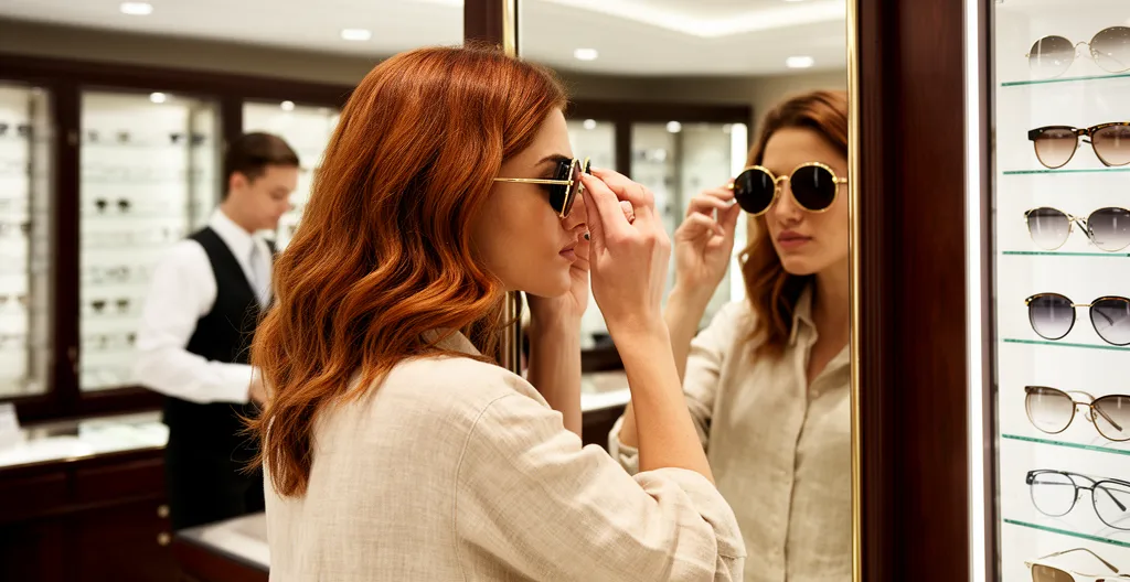 Cliente essayant des lunettes face à un miroir dans une boutique optique haut de gamme