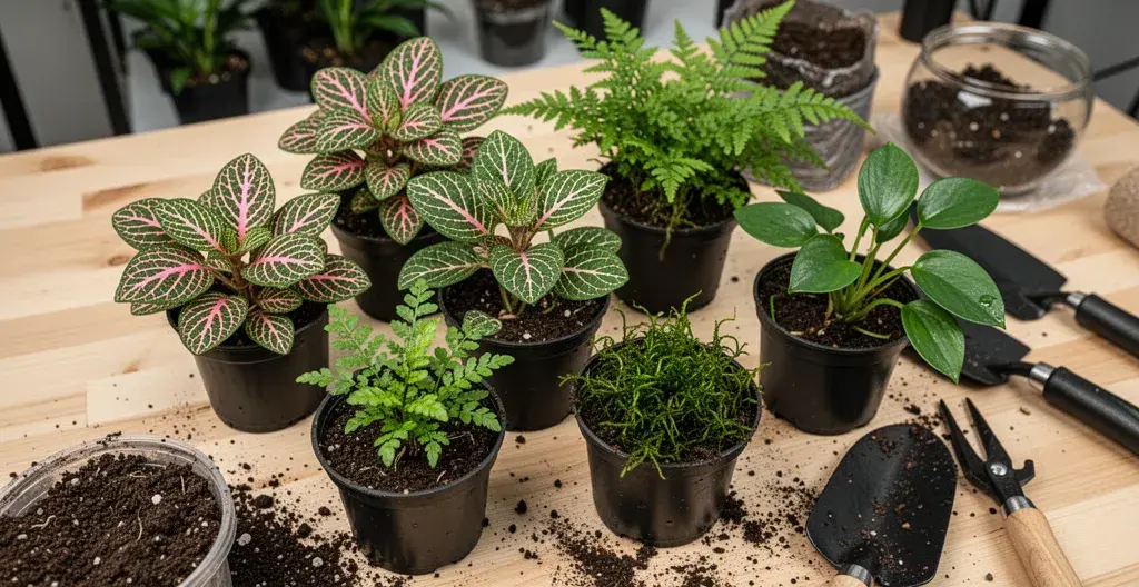 Assortiment de plantes tropicales Fittonia mousse et fougère prêtes pour plantation terrarium