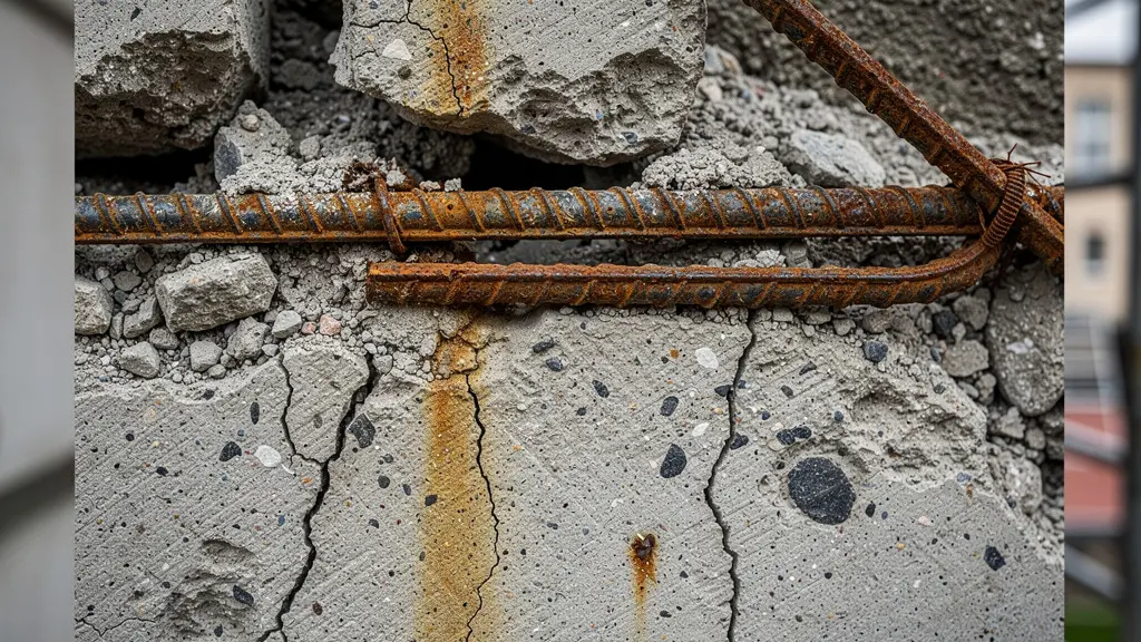 Surface béton dégradé avec armatures métalliques corrodées apparentes