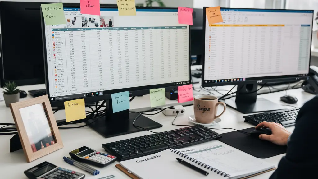 Bureau de comptable PME avec multiples écrans montrant des tableaux de suivi créances