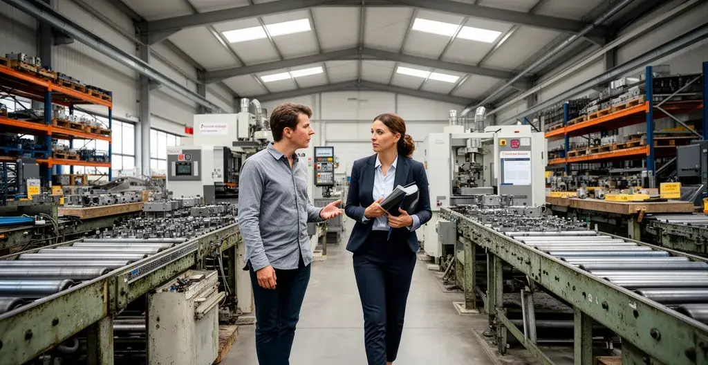 Consultant en financement accompagnant dirigeant sur site industriel PME