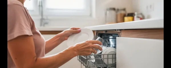 Chargement d'un lave-vaisselle encastrable dans une cuisine moderne