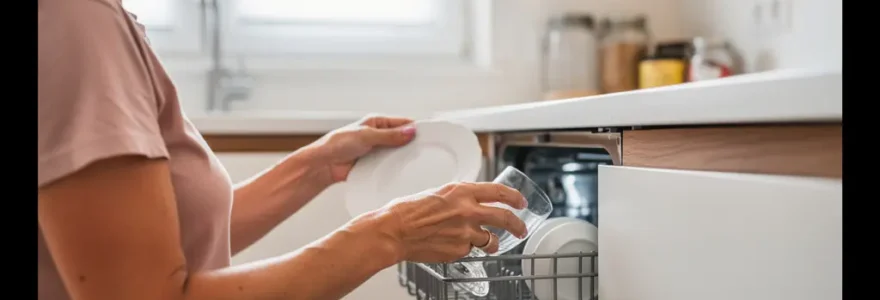 Chargement d'un lave-vaisselle encastrable dans une cuisine moderne