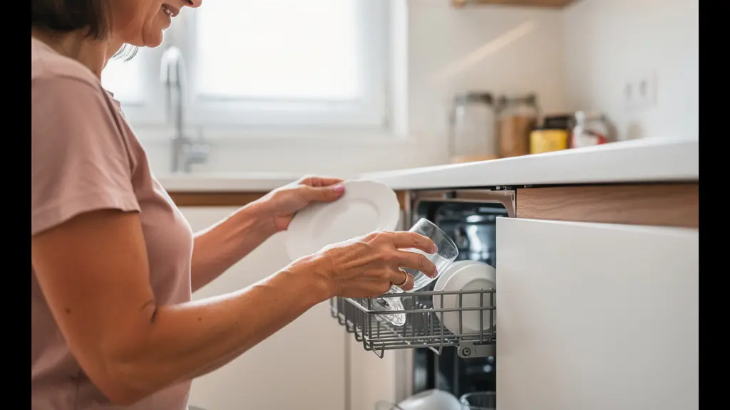Chargement d'un lave-vaisselle encastrable dans une cuisine moderne