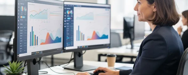 Directrice financière analysant un tableau de bord trésorerie sur double écran