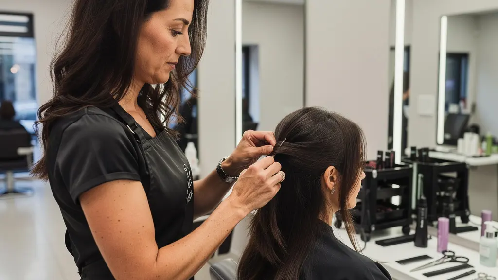 Coiffeur réalisant un diagnostic capillaire en examinant les cheveux d'une cliente