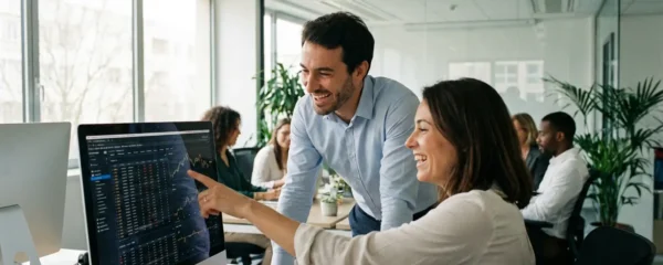 Dirigeant PME et consultant analysant données financement public