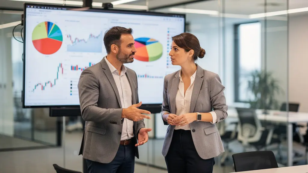 Deux professionnels français discutant devant un écran de données financières