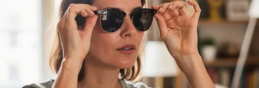 Femme ajustant des lunettes élégantes devant un miroir dans un intérieur lumineux