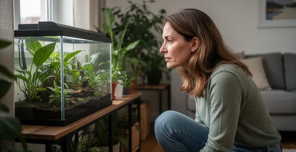 Personne observant attentivement les plantes de son terrarium tropical