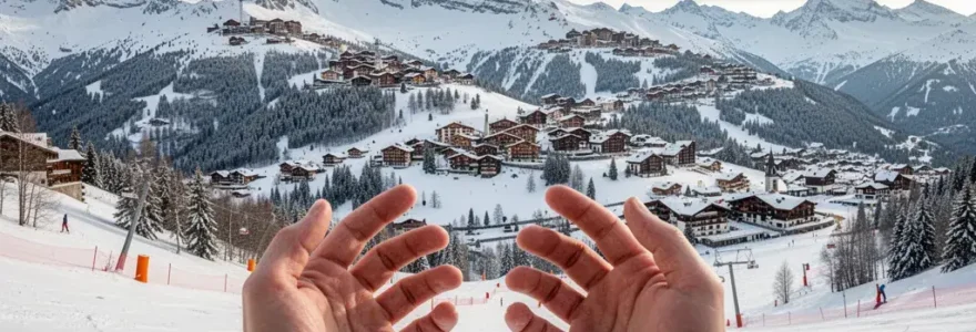 Vue panoramique station Courchevel avec villages à différentes altitudes et pistes enneigées