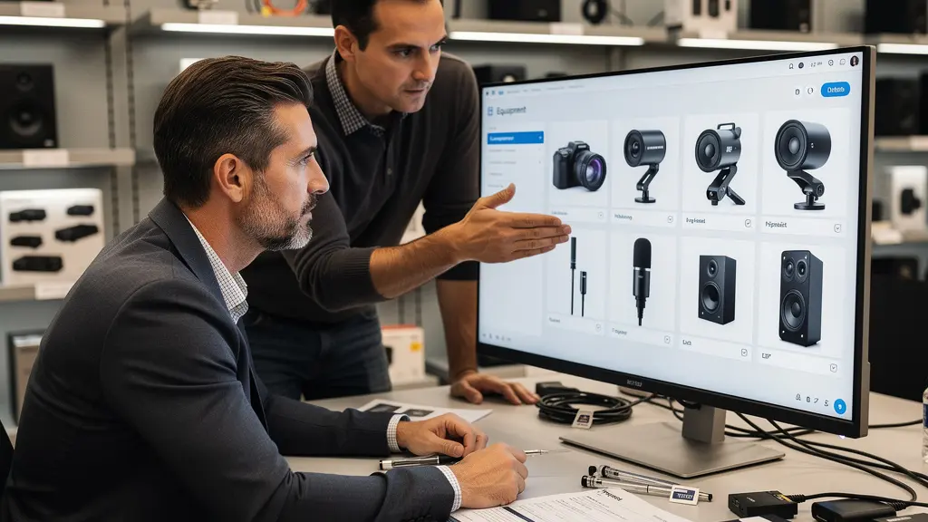 Professionnel consultant les options d'équipement audiovisuel avec un conseiller en showroom