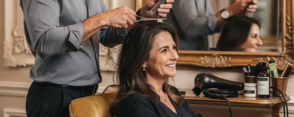 Cliente souriante dans un salon de coiffure élégant à Neuilly-sur-Seine pendant sa coupe