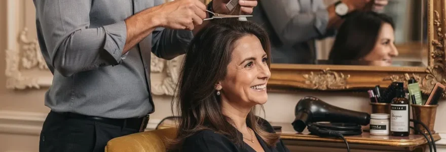 Cliente souriante dans un salon de coiffure élégant à Neuilly-sur-Seine pendant sa coupe
