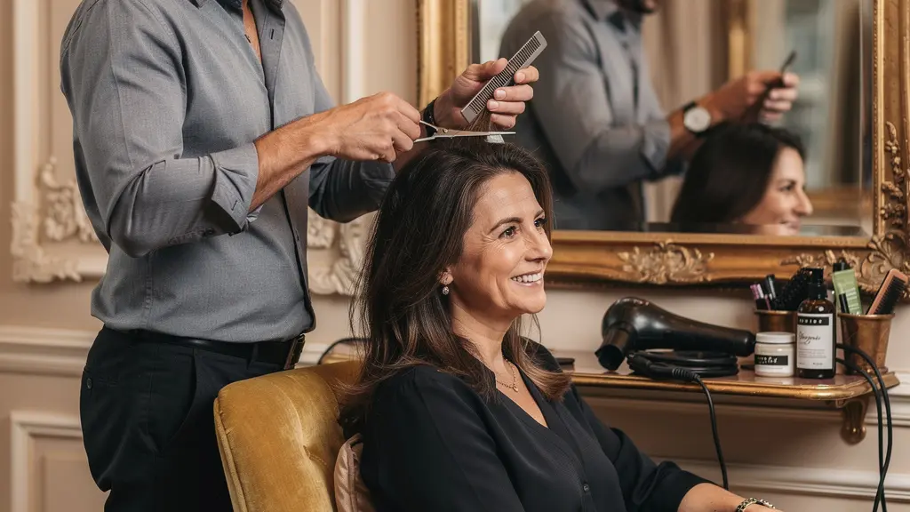 Cliente souriante dans un salon de coiffure élégant à Neuilly-sur-Seine pendant sa coupe