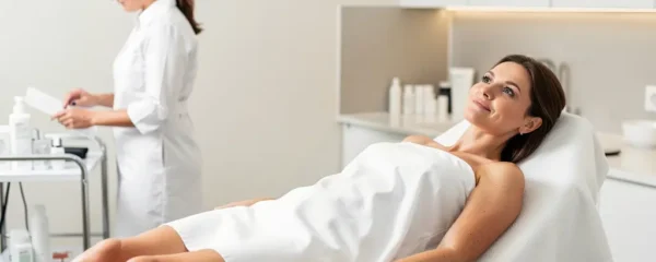 Patiente détendue pendant une séance d'épilation laser dans un cabinet esthétique lumineux