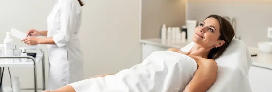 Patiente détendue pendant une séance d'épilation laser dans un cabinet esthétique lumineux