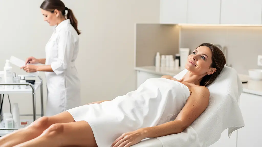 Patiente détendue pendant une séance d'épilation laser dans un cabinet esthétique lumineux