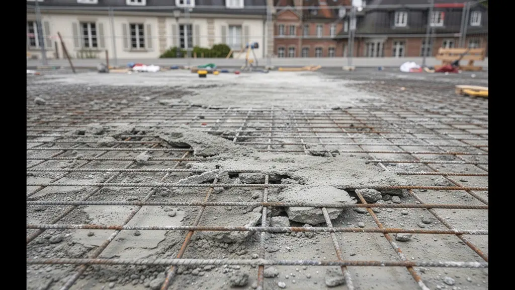 Surface béton traitée par hydrodémolition avec armatures intactes visibles