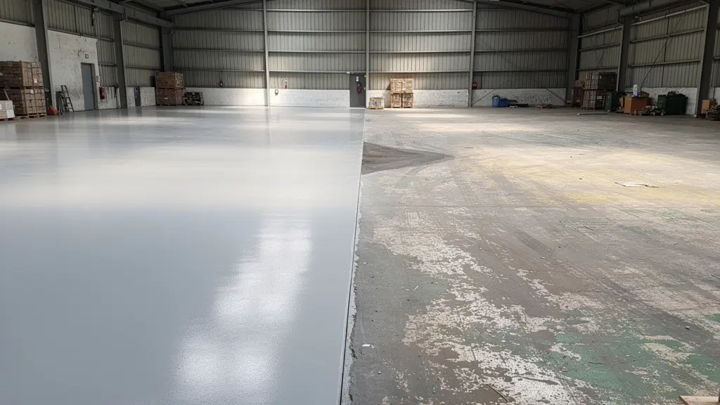 Contraste avant-après sur sol béton traité par hydrodécapage de rénovation