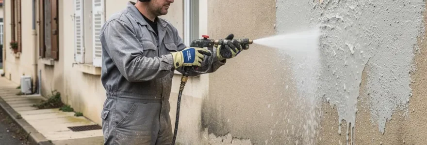 Technicien équipé réalisant un hydrodécapage sur façade crépi lors de travaux de rénovation