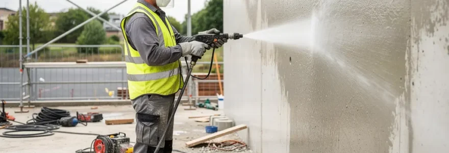 Technicien utilisant équipement hydrodémolition sur mur béton en rénovation