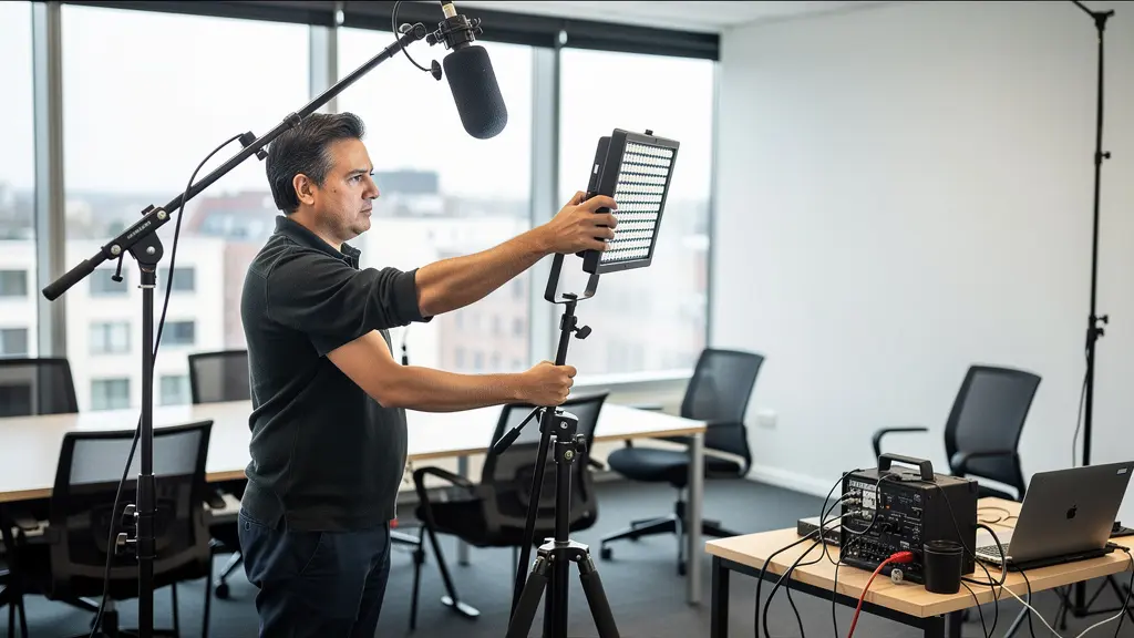 Technicien positionnant un panneau LED sur tournage corporate avec perche micro visible