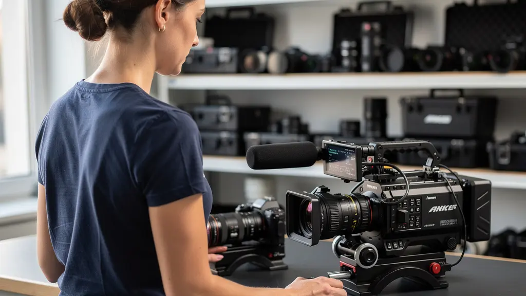 Technicienne audiovisuelle comparant deux caméras professionnelles sur établi d'atelier