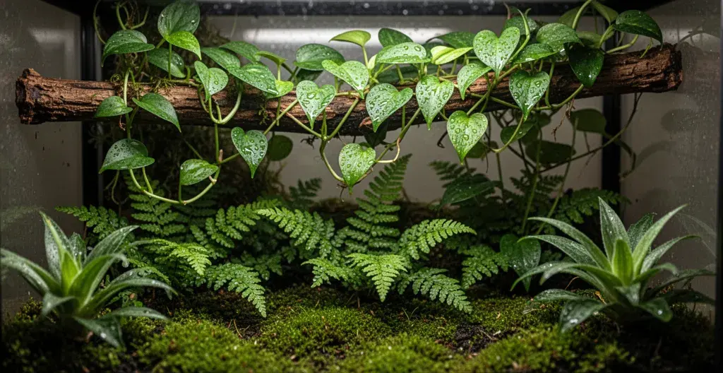 Détail des différentes strates végétales dans un terrarium tropical luxuriant