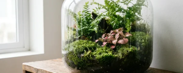 Terrarium tropical fermé avec végétation jungle dense multicouche dans un salon lumineux