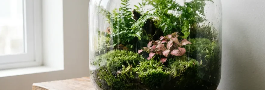 Terrarium tropical fermé avec végétation jungle dense multicouche dans un salon lumineux