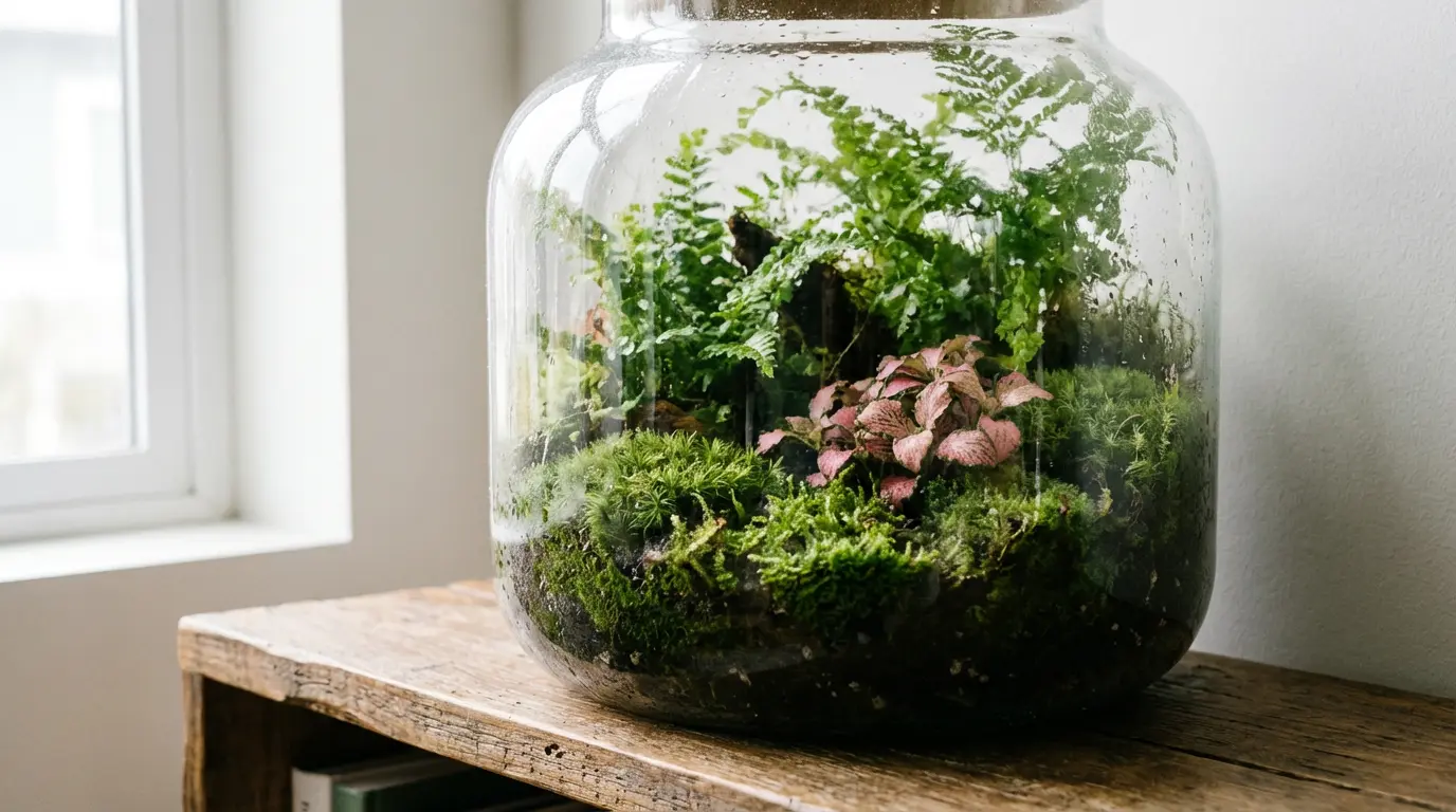 Terrarium tropical fermé avec végétation jungle dense multicouche dans un salon lumineux