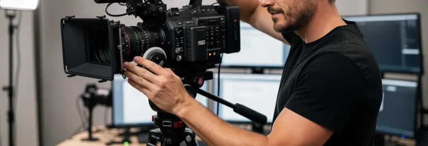 Vidéaste professionnel ajustant les paramètres d'une caméra cinéma sur trépied en studio