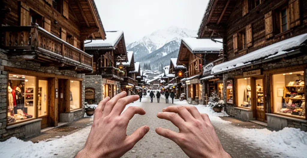 Rue piétonne village montagne Courchevel avec chalets traditionnels enneigés