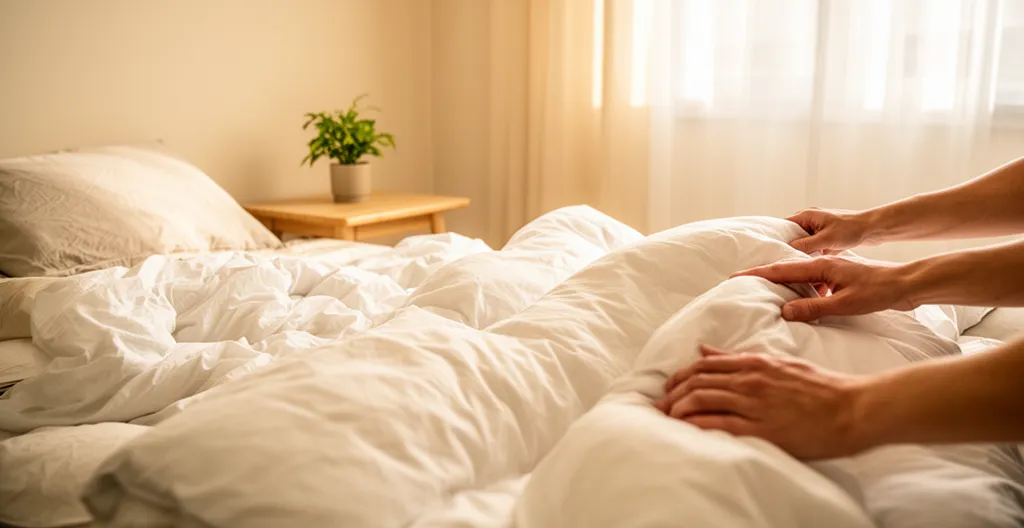 Chambre lumineuse avec lit double et couette 220x240 moelleuse