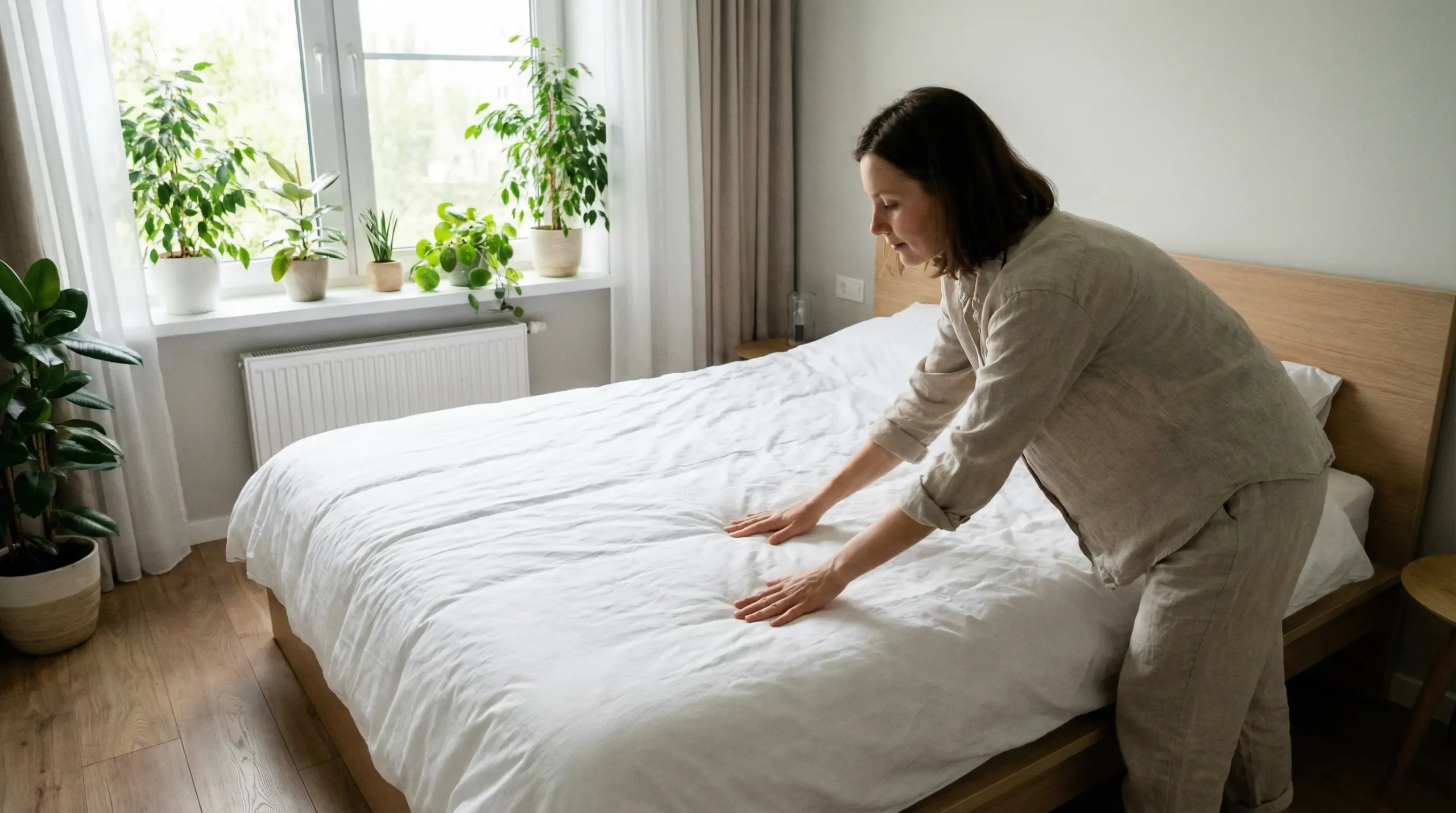 Chambre lumineuse avec lit double et couette 220x240 généreuse retombant harmonieusement