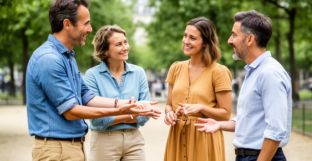 Équipe en team building collaborant sur un défi collectif dans un parc parisien