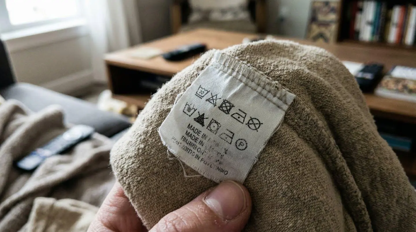 Gros plan sur une étiquette textile blanche accrochée à un tissu beige, partiellement visible avec un arrière-plan flouté