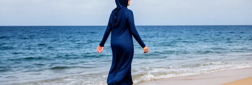 Femme en burkini marchant au bord de l'eau sur une plage de sable