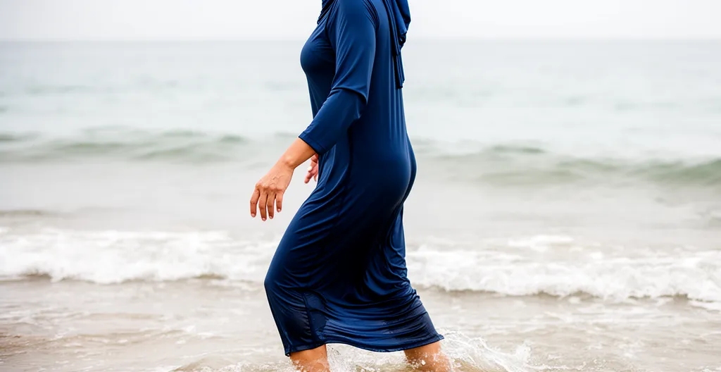 Femme sortant de l'eau avec burkini ample tissu fluide non collant
